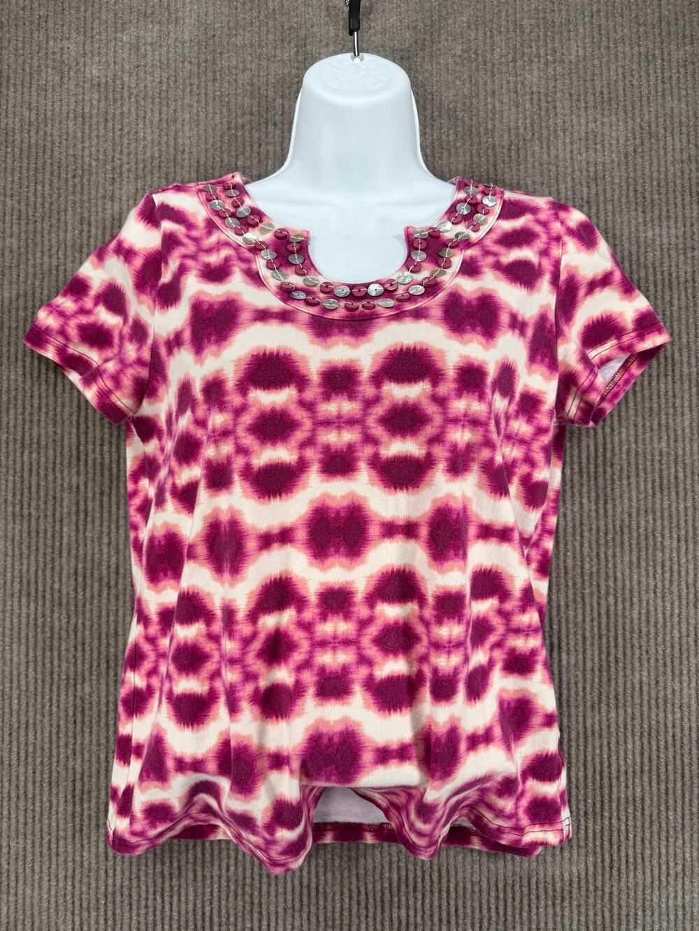 Kim Rogers Embellished Split Neck Tie Dye Ikat Top